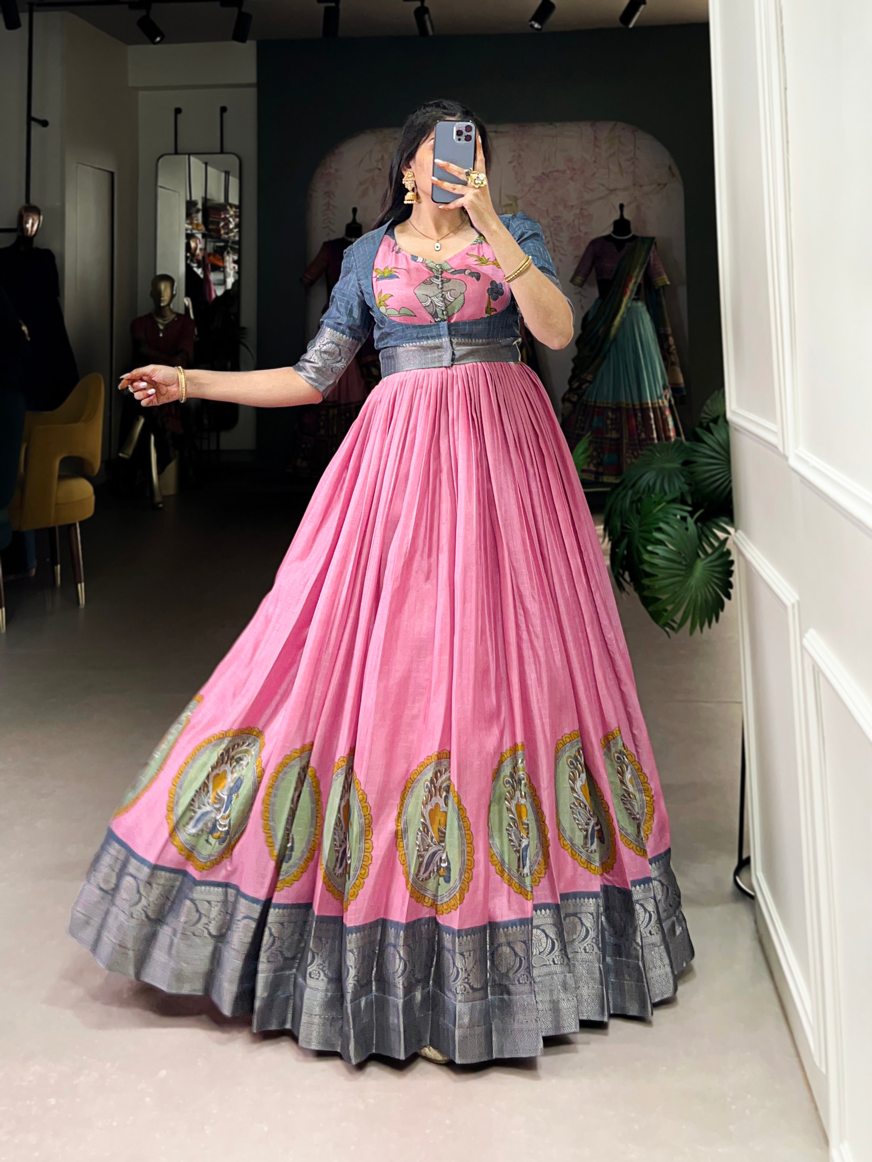 Pink Color Kalamkari Print With Zari Weaving Border Dola Silk Gown