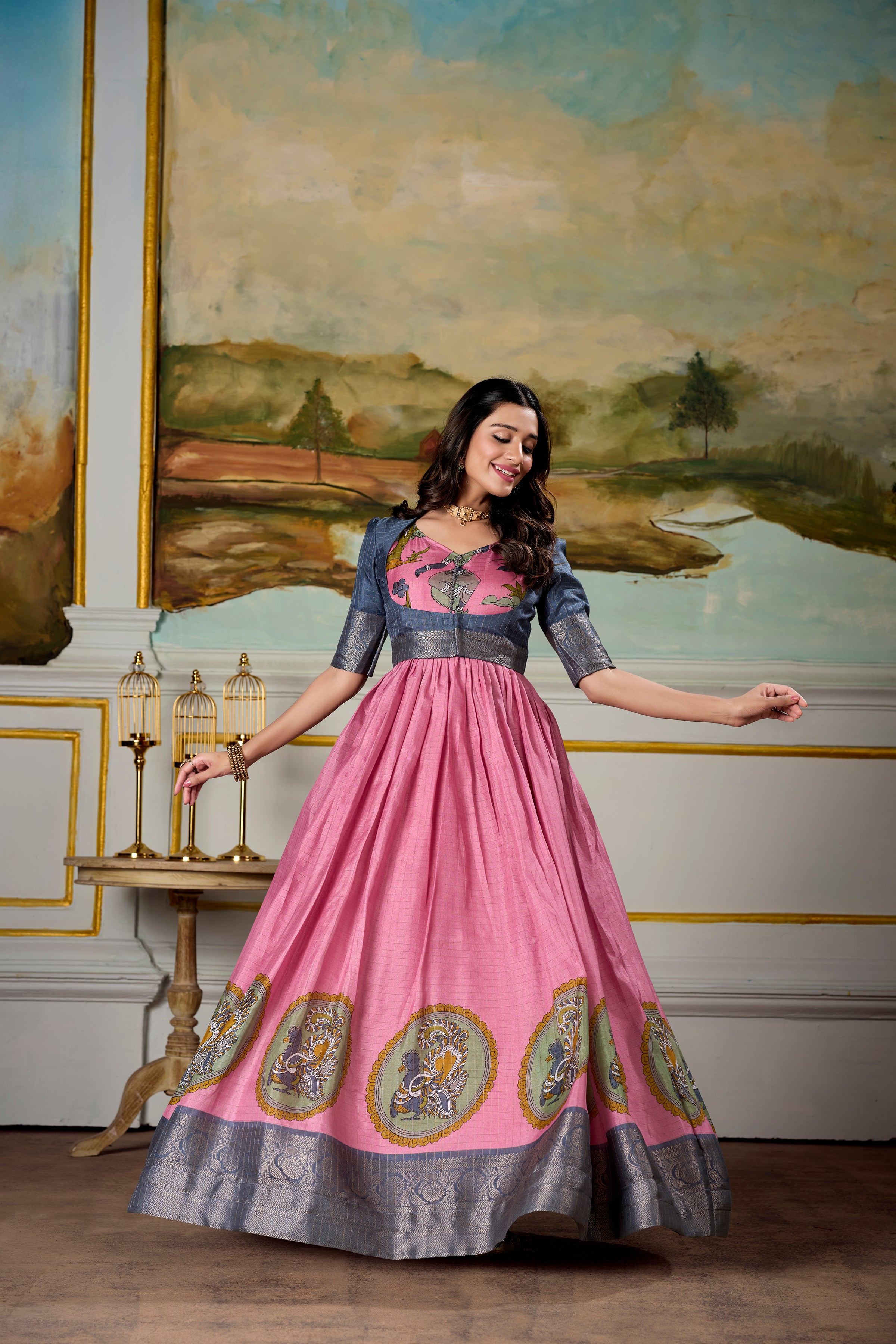 Fantastic Dola Silk Kalamkari Print Gown With Zari Weaving Jacket