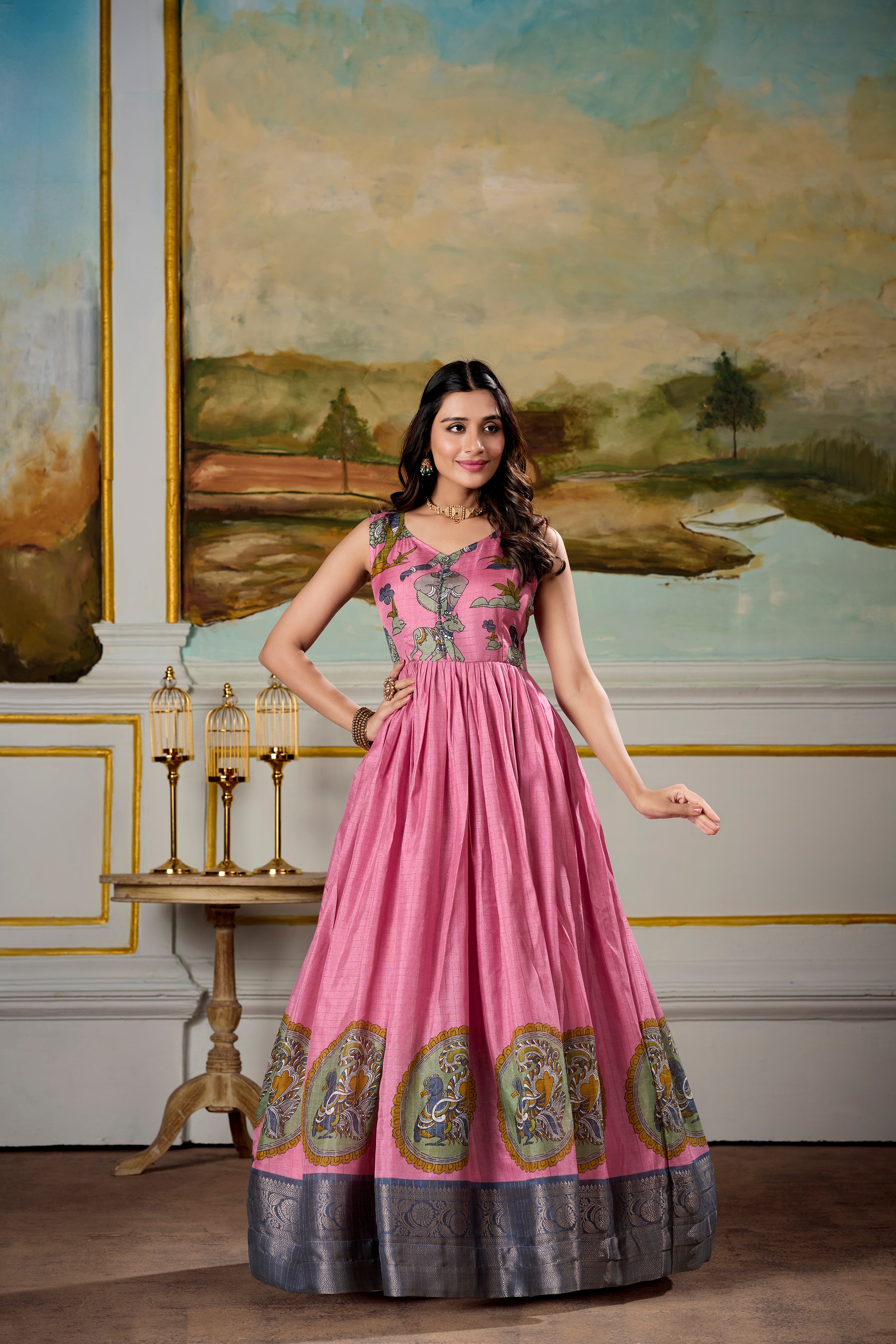 Fantastic Dola Silk Kalamkari Print Gown With Zari Weaving Jacket