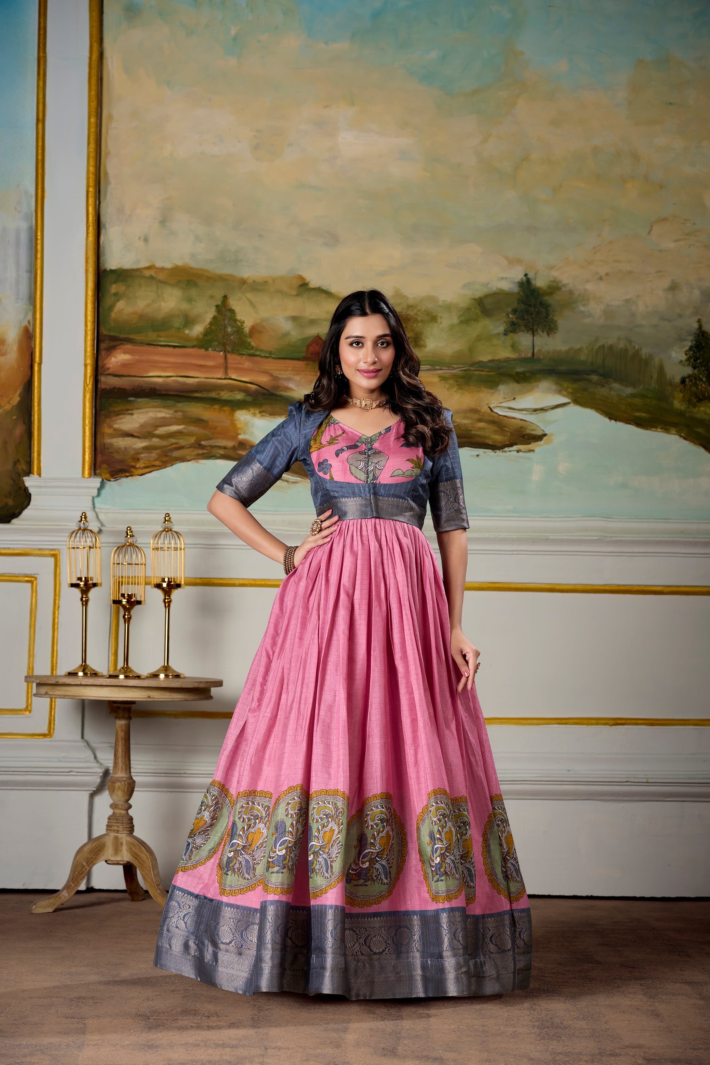 Fantastic Dola Silk Kalamkari Print Gown With Zari Weaving Jacket