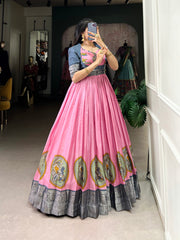 Pink Color Kalamkari Print With Zari Weaving Border Dola Silk Gown