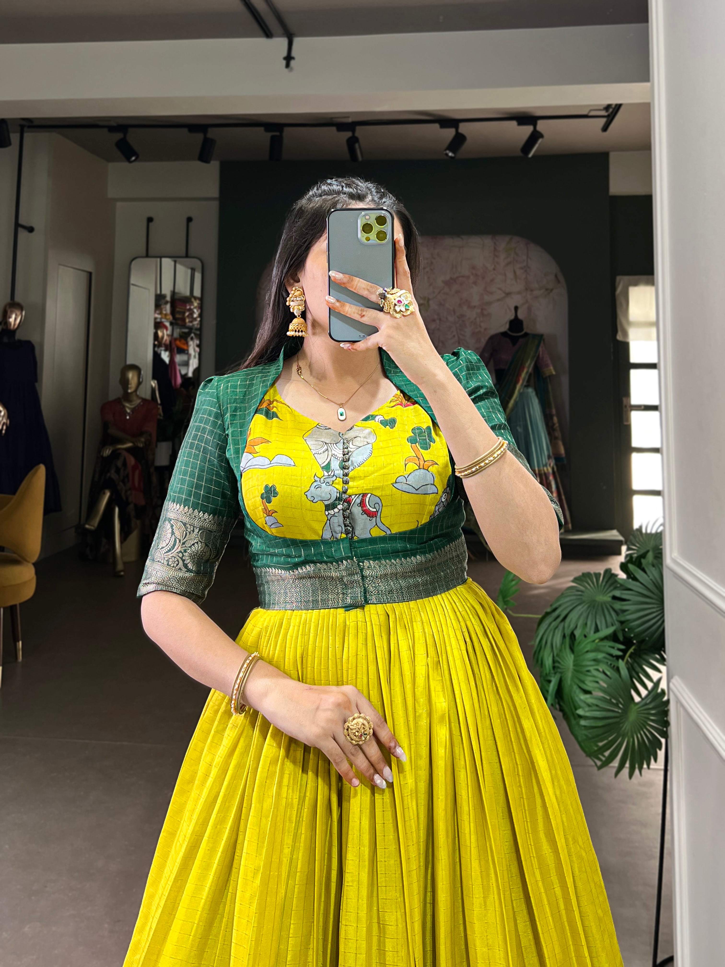 Parrot Color Kalamkari Print With Zari Weaving Border Dola Silk Gown