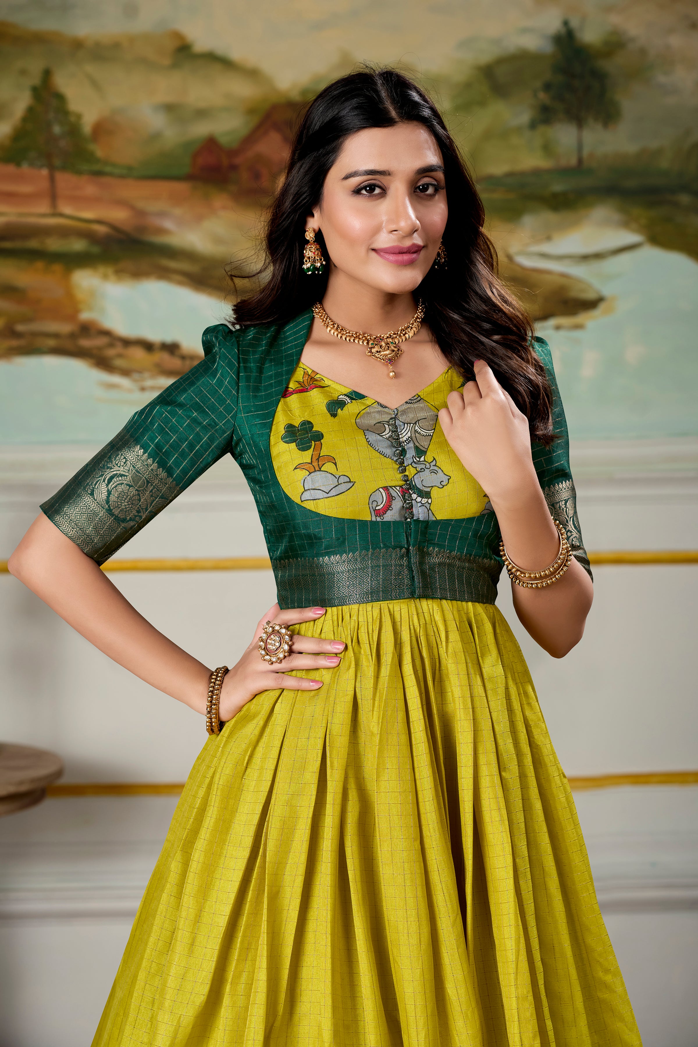 Fantastic Dola Silk Kalamkari Print Gown With Zari Weaving Jacket