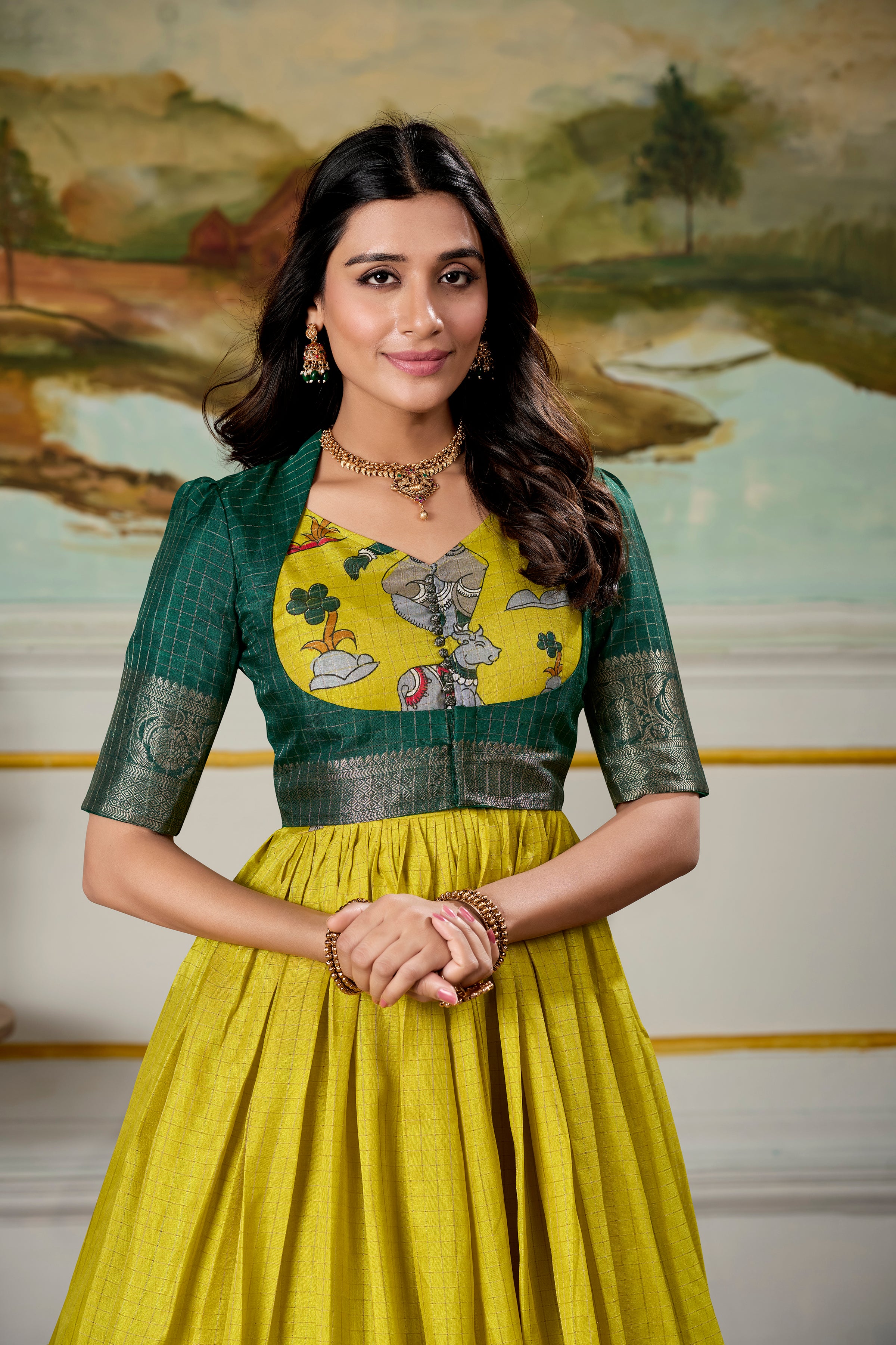Fantastic Dola Silk Kalamkari Print Gown With Zari Weaving Jacket