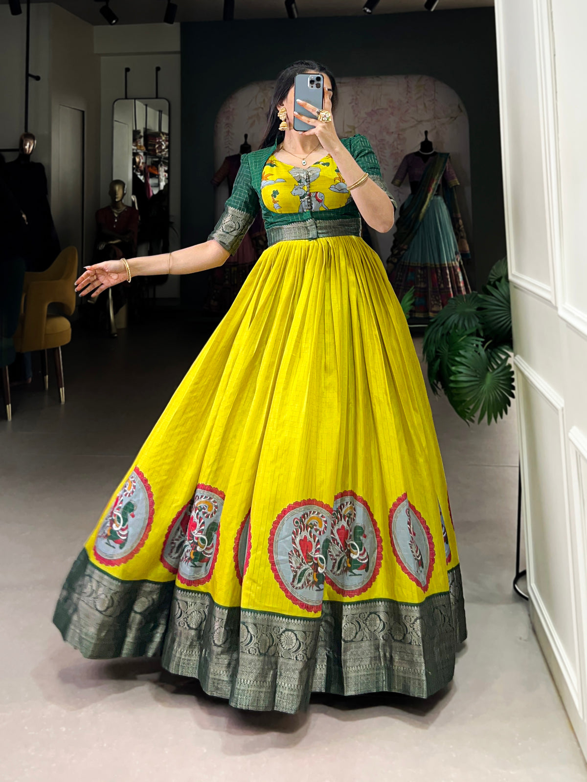 Parrot Color Kalamkari Print With Zari Weaving Border Dola Silk Gown