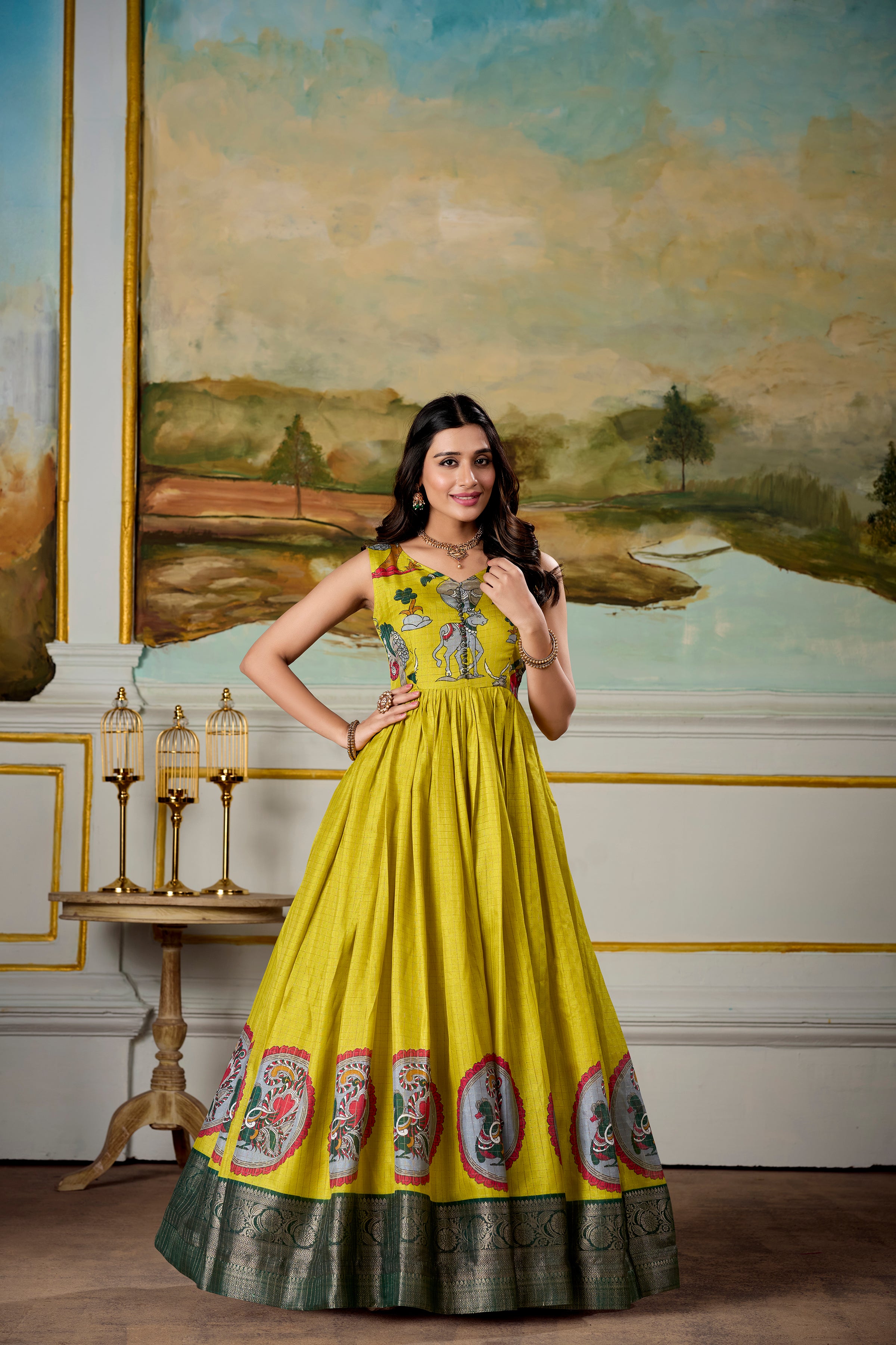 Fantastic Dola Silk Kalamkari Print Gown With Zari Weaving Jacket