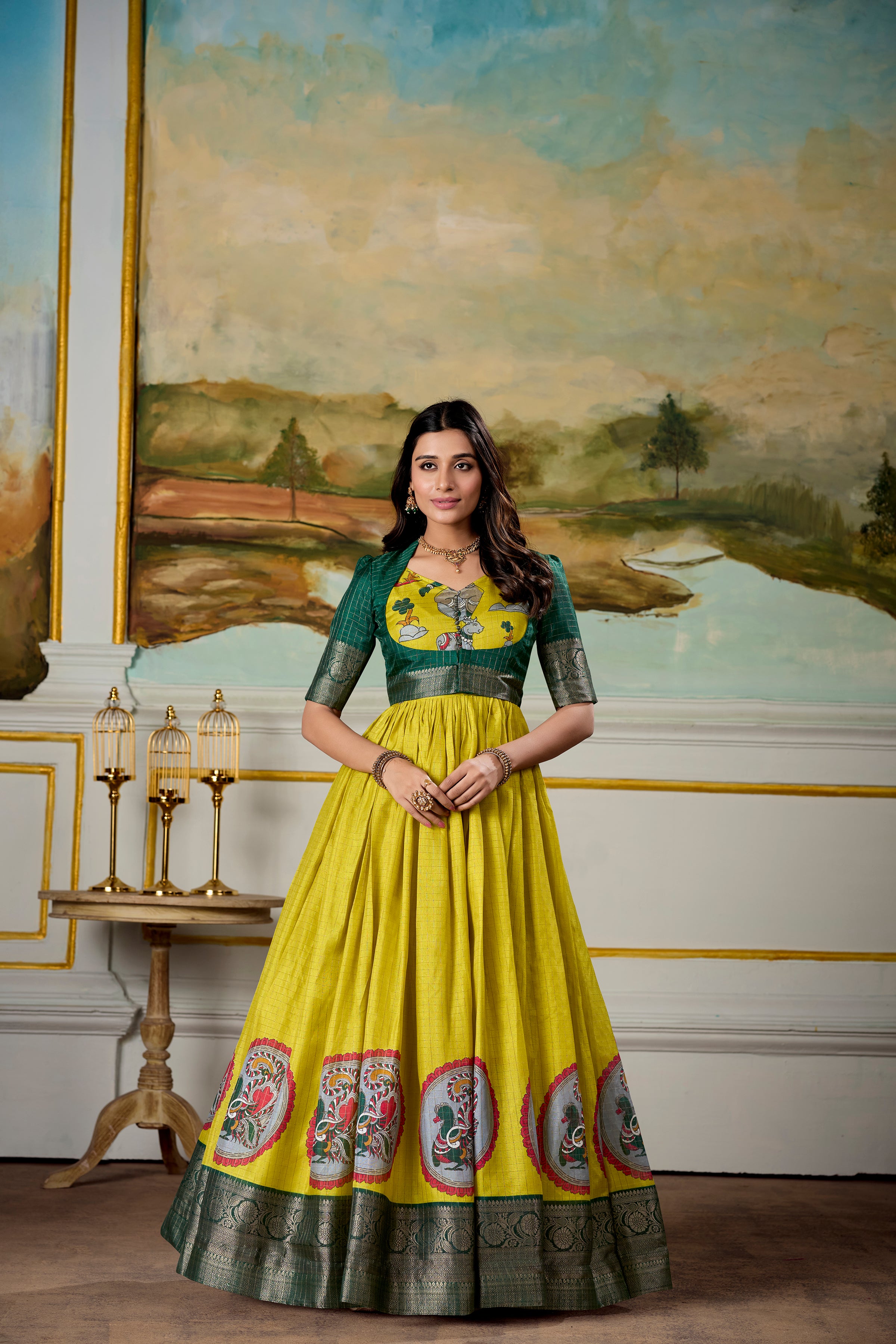 Fantastic Dola Silk Kalamkari Print Gown With Zari Weaving Jacket