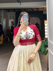 Red Color Kalamkari Print With Zari Weaving Border Dola Silk Gown