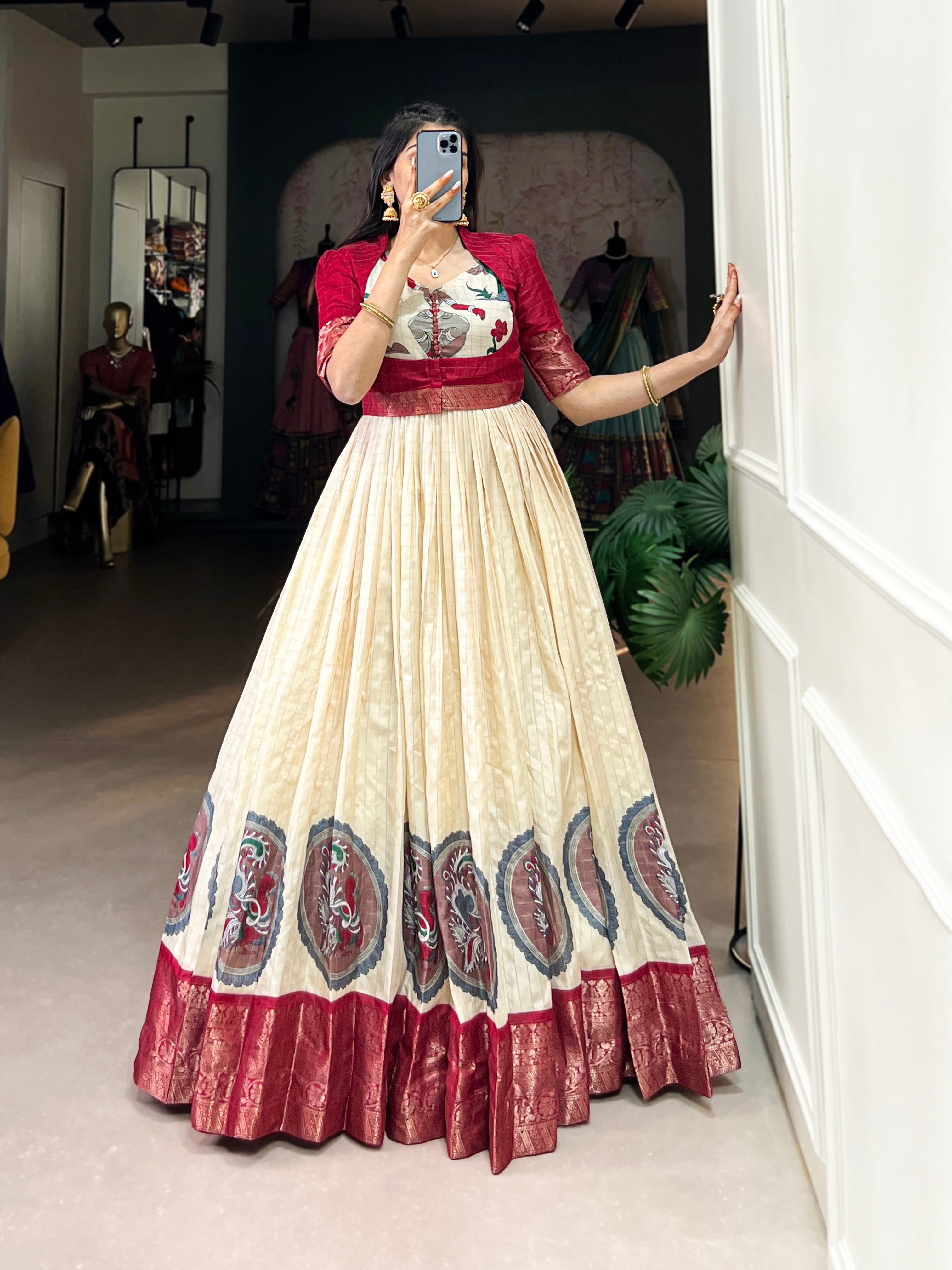 Red Color Kalamkari Print With Zari Weaving Border Dola Silk Gown