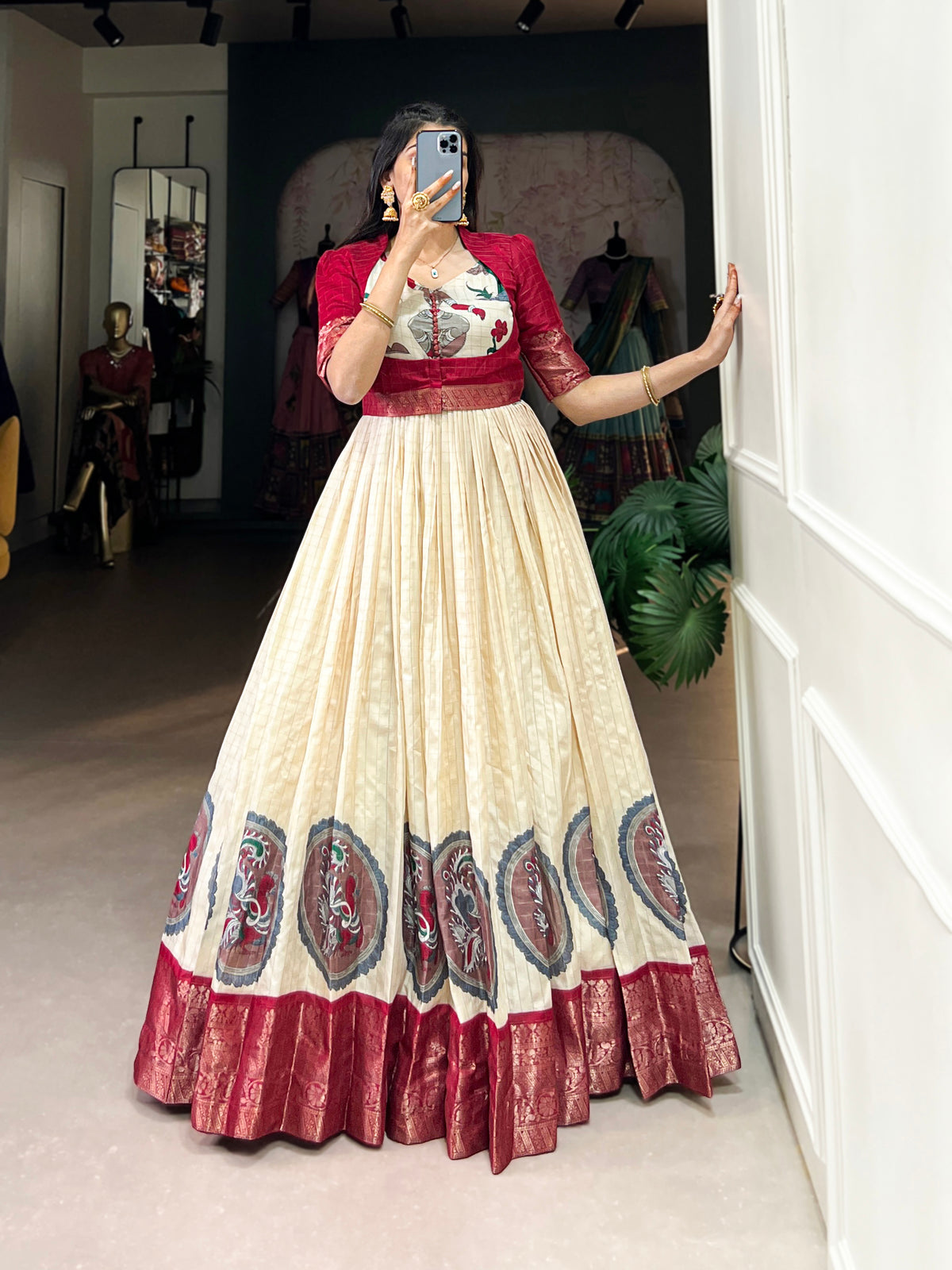 Red Color Kalamkari Print With Zari Weaving Border Dola Silk Gown