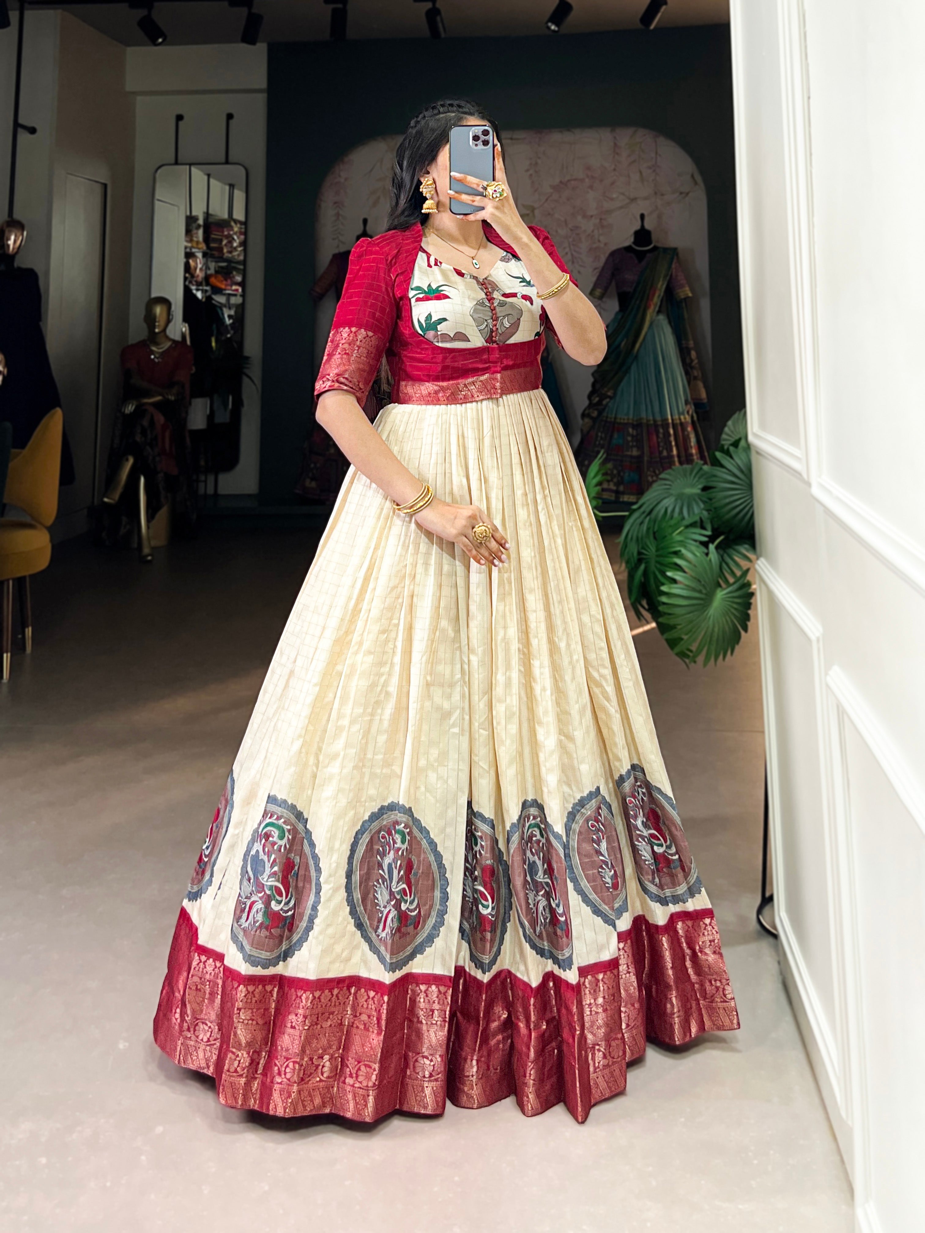Red Color Kalamkari Print With Zari Weaving Border Dola Silk Gown