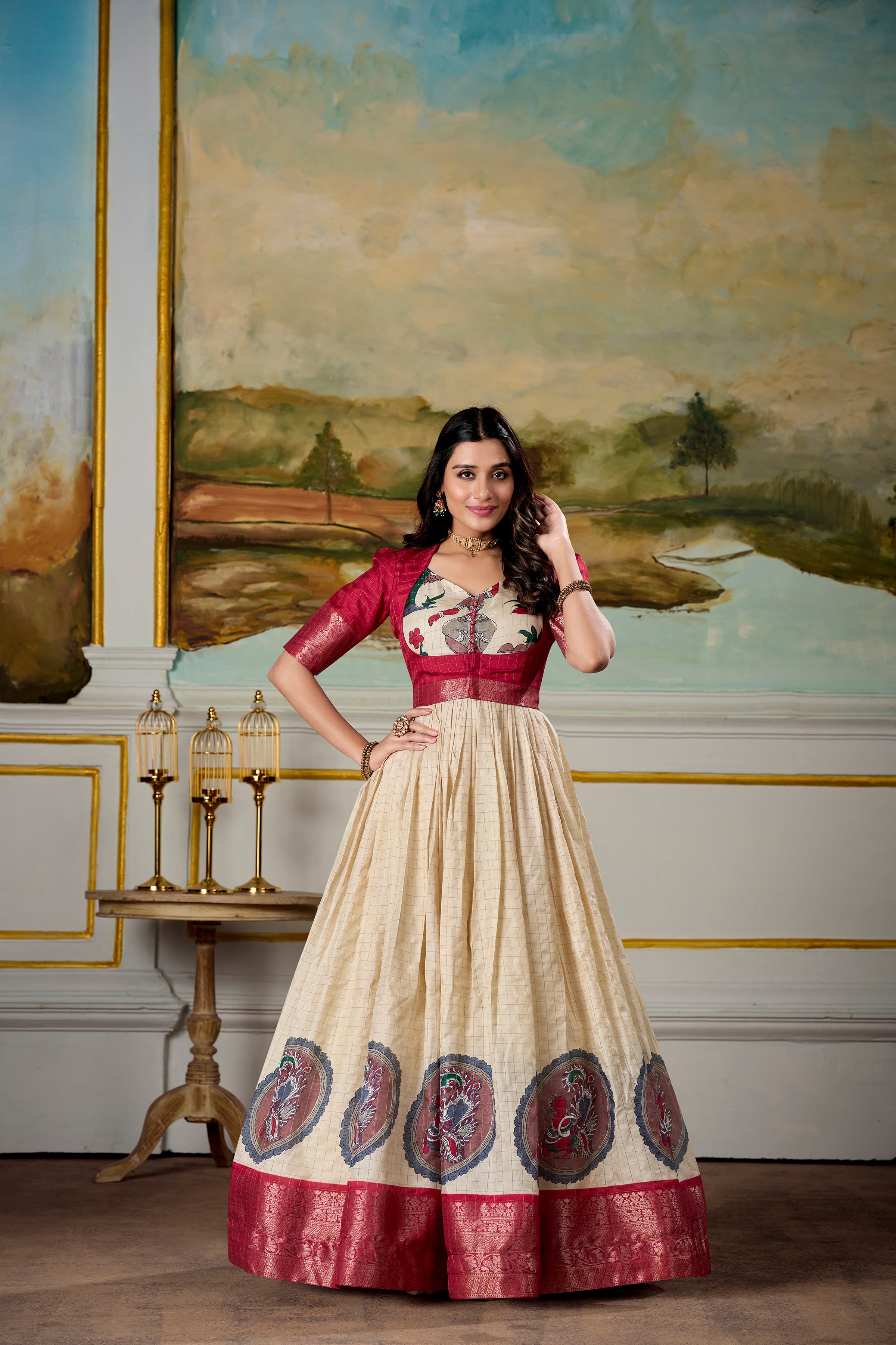 Fantastic Dola Silk Kalamkari Print Gown With Zari Weaving Jacket