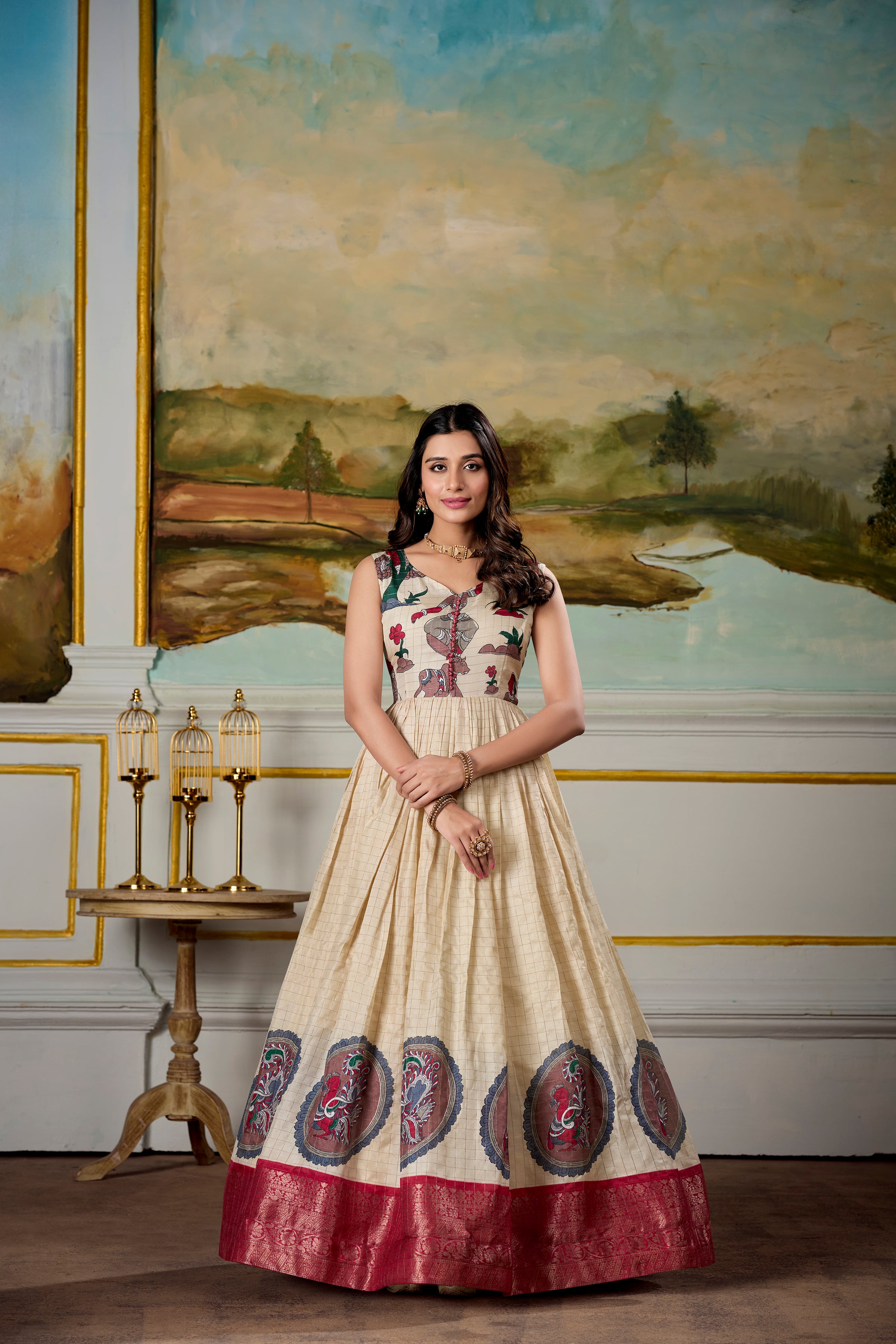 Fantastic Dola Silk Kalamkari Print Gown With Zari Weaving Jacket