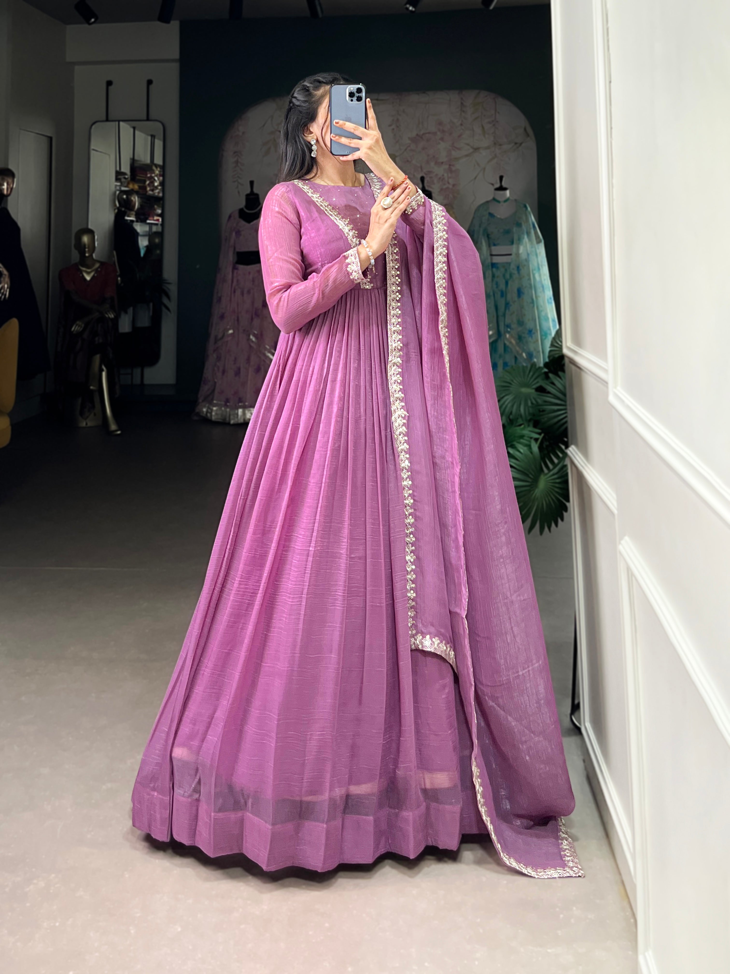 Lavender Sequins Thread Embroidered Anarkali Dress