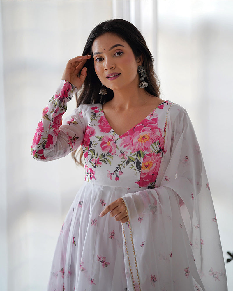 Beautiful White Floral Printed Organza Festival Wear Anarkali Suit