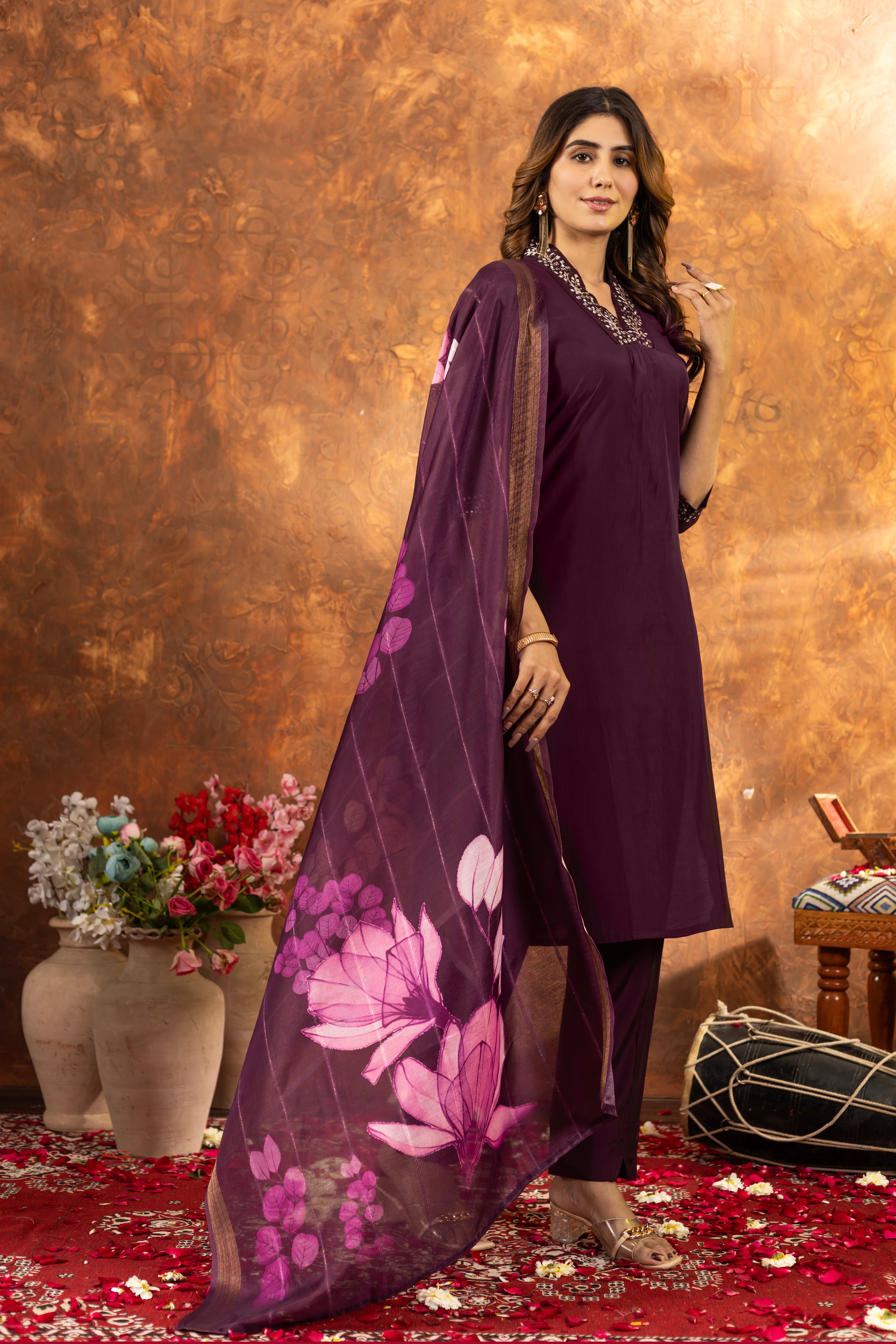 STYLISH PURPLE EMBROIDERED KURTA PANT SET WITH FLORAL DUPATTA