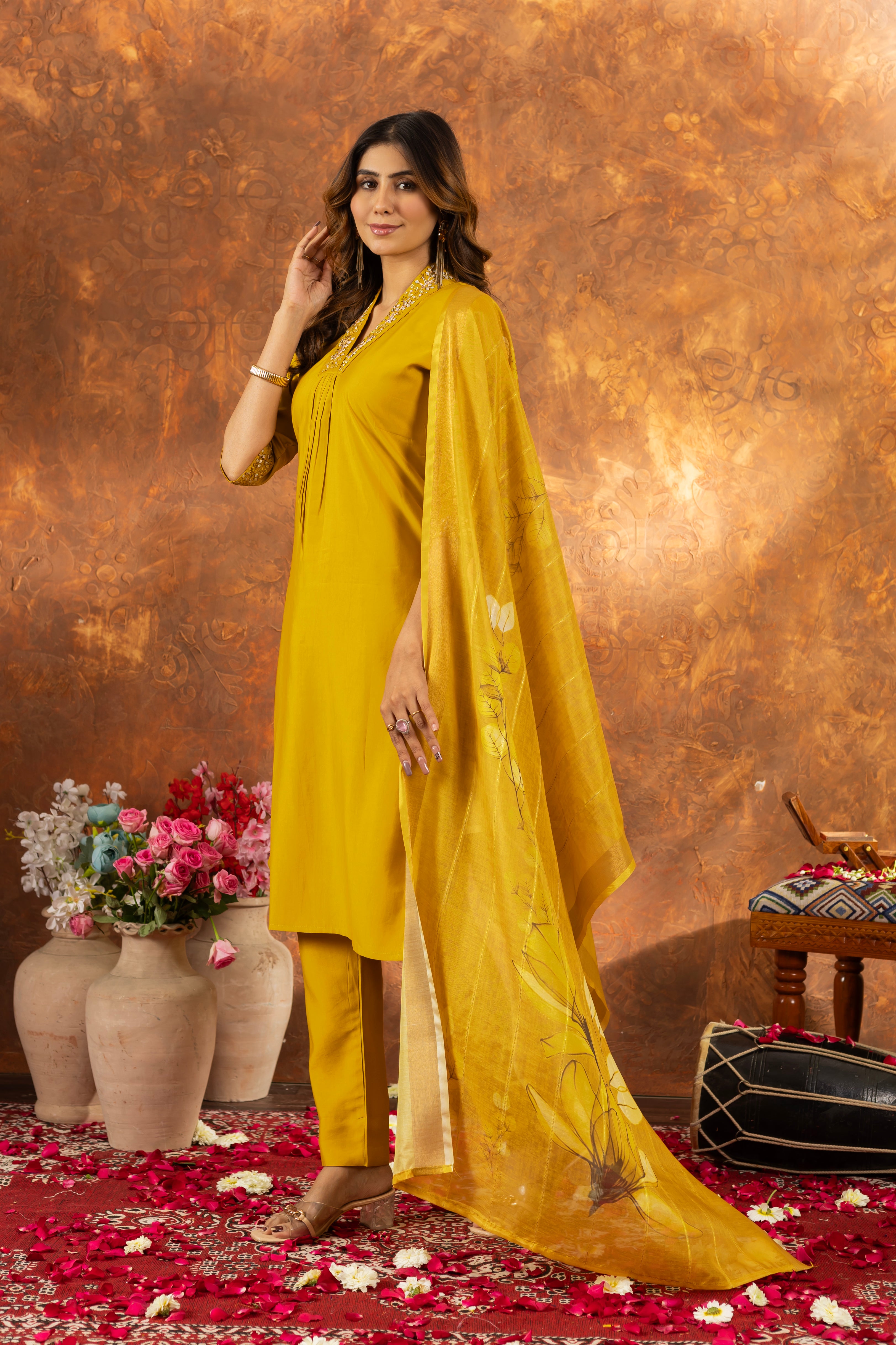 MUSTARD YELLOW EMBROIDERED KURTA PANT SET WITH FLORAL DUPATTA
