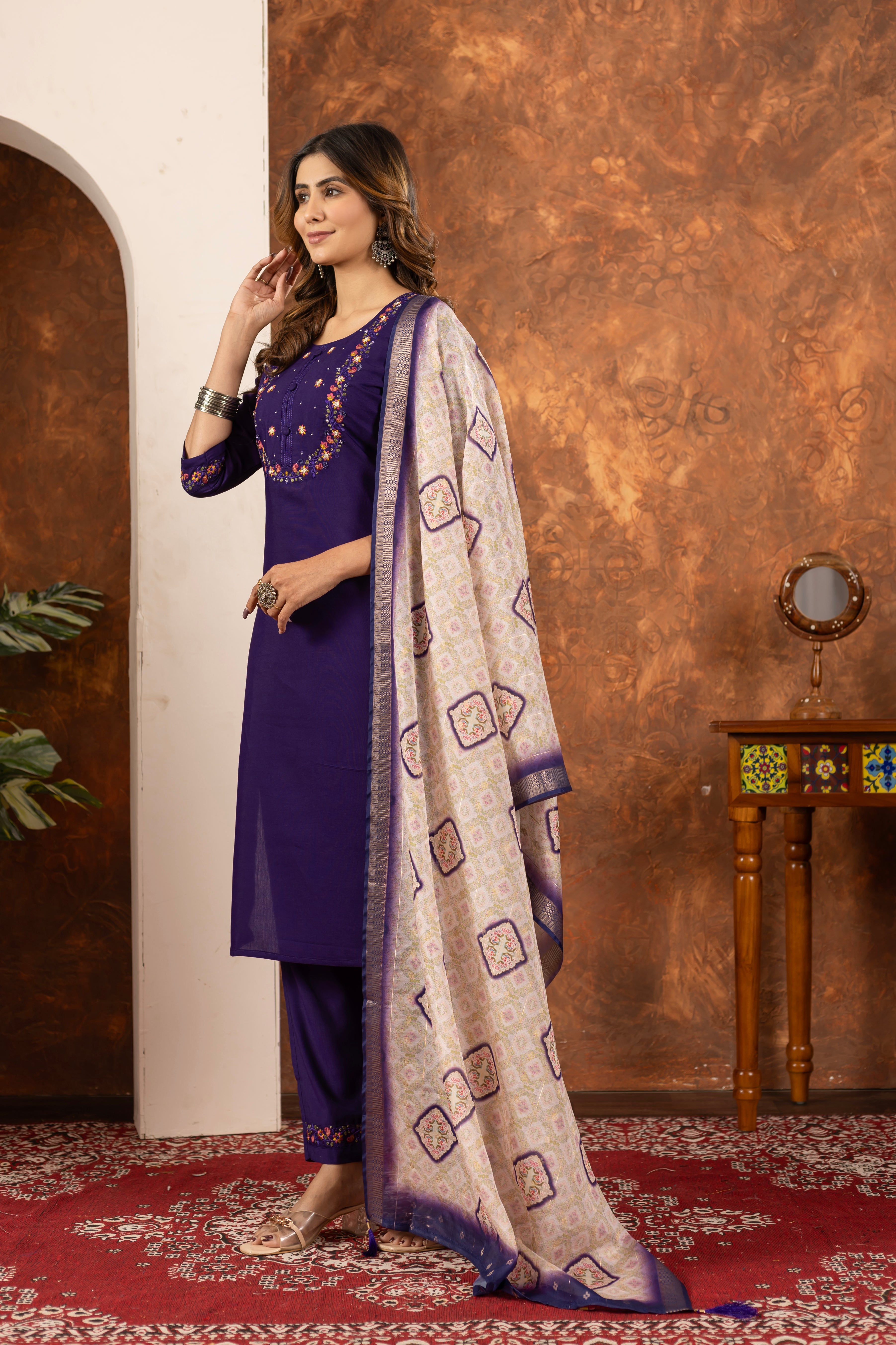 ELEGANT PURPLE EMBROIDERED FESTIVAL SUIT SET WITH PRINTED DUPATTA