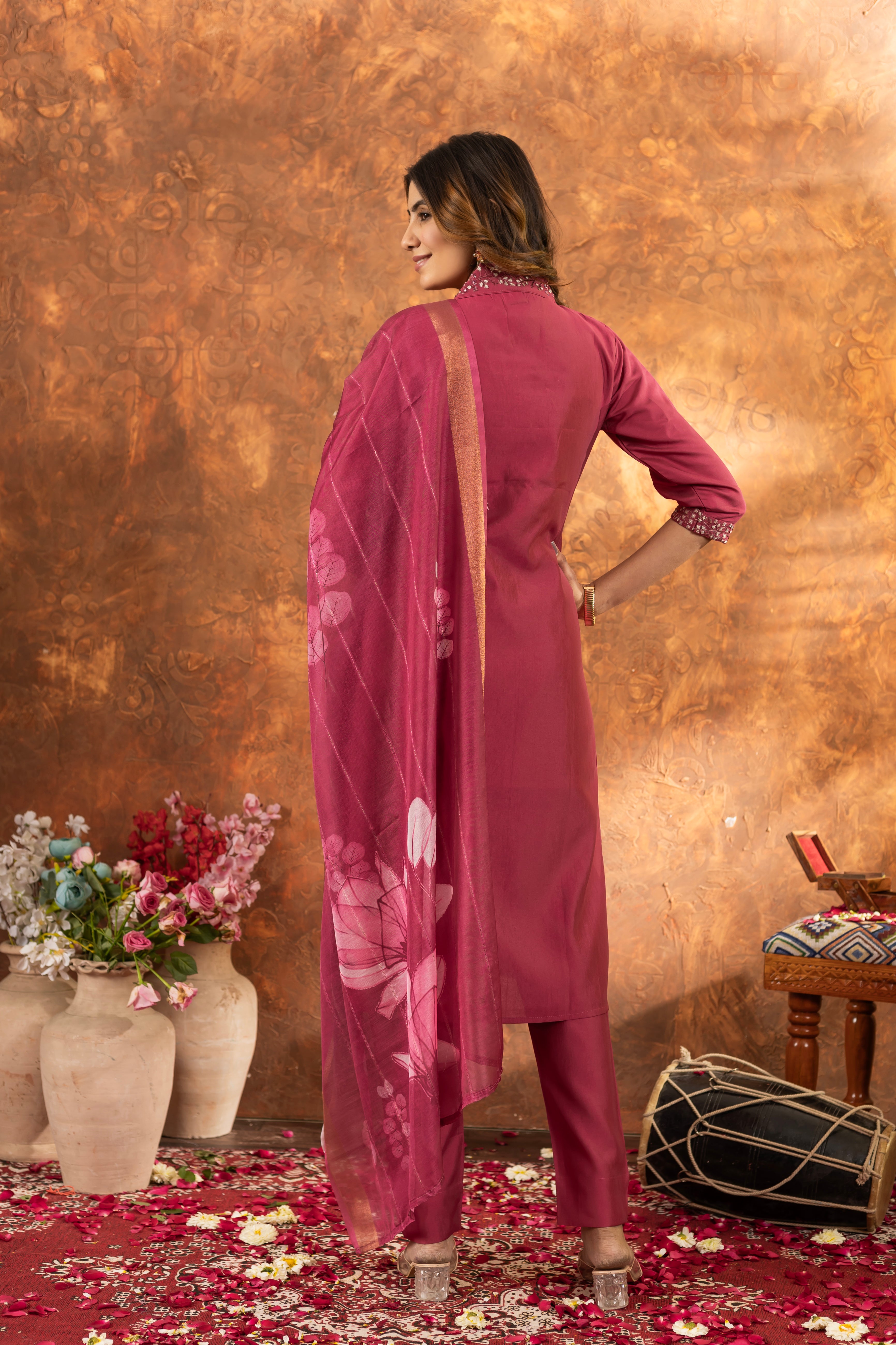 PRECIOUS BLUSH PINK EMBROIDERED KURTA PANT SET WITH FLORAL DUPATTA
