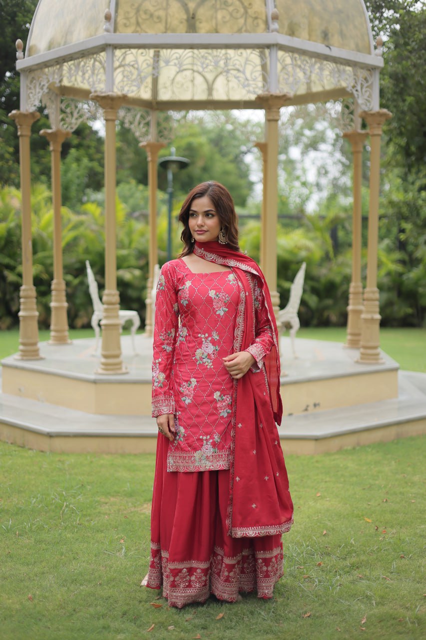 Premium Designer Readymade Kurti-plazzo-dupatta Set – Chinnon With Sequins & Thread Embroidery