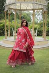 Premium Designer Readymade Kurti-plazzo-dupatta Set – Chinnon With Sequins & Thread Embroidery
