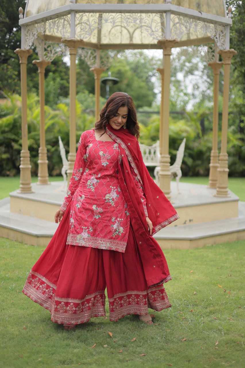 Premium Designer Readymade Kurti-plazzo-dupatta Set – Chinnon With Sequins & Thread Embroidery
