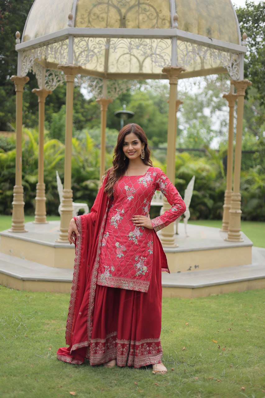 Premium Designer Readymade Kurti-plazzo-dupatta Set – Chinnon With Sequins & Thread Embroidery