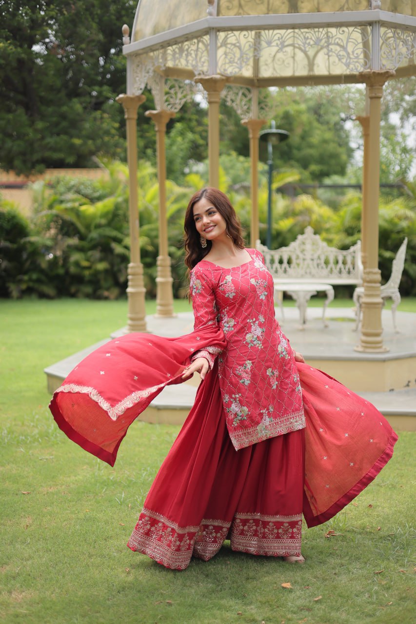 Premium Designer Readymade Kurti-plazzo-dupatta Set – Chinnon With Sequins & Thread Embroidery