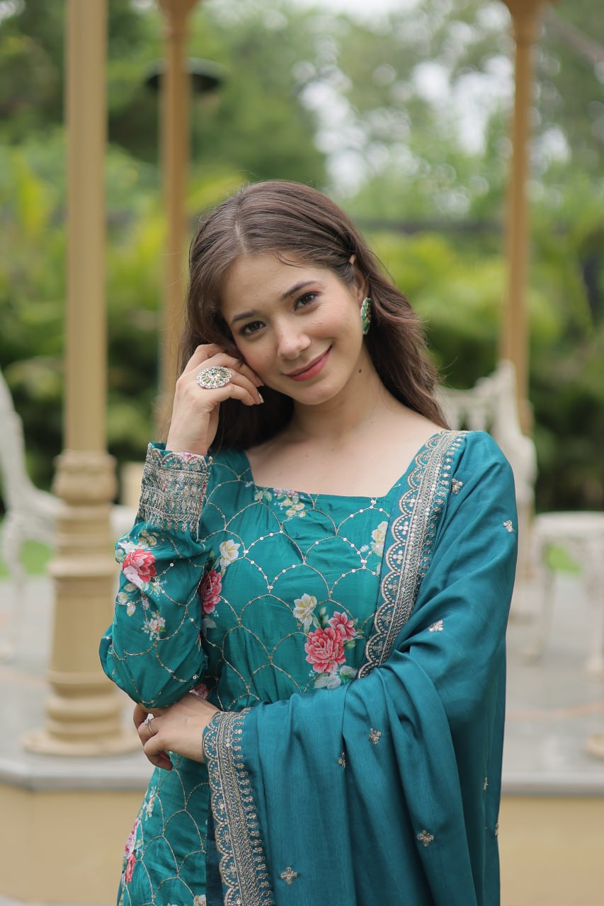 Designer Chinnon Printed With Embroidered Work Sharara Set