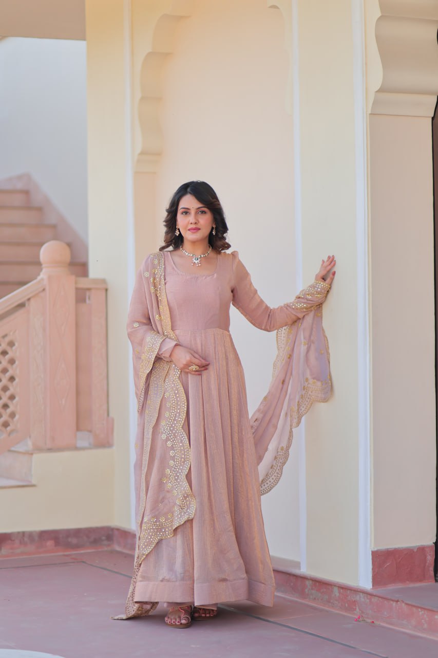 Peach Fendy Chiffon With Sequence Embroidery Dupatta For Women