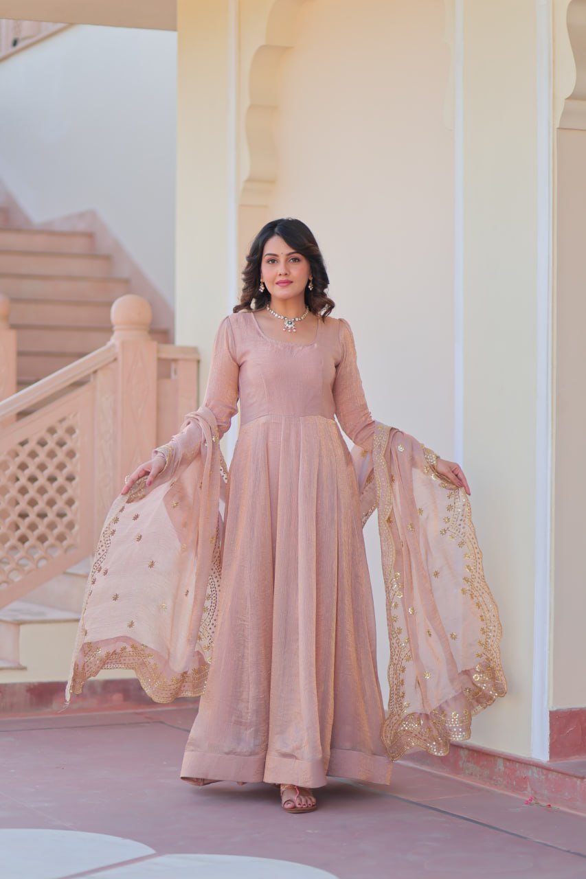 Peach Fendy Chiffon With Sequence Embroidery Dupatta For Women
