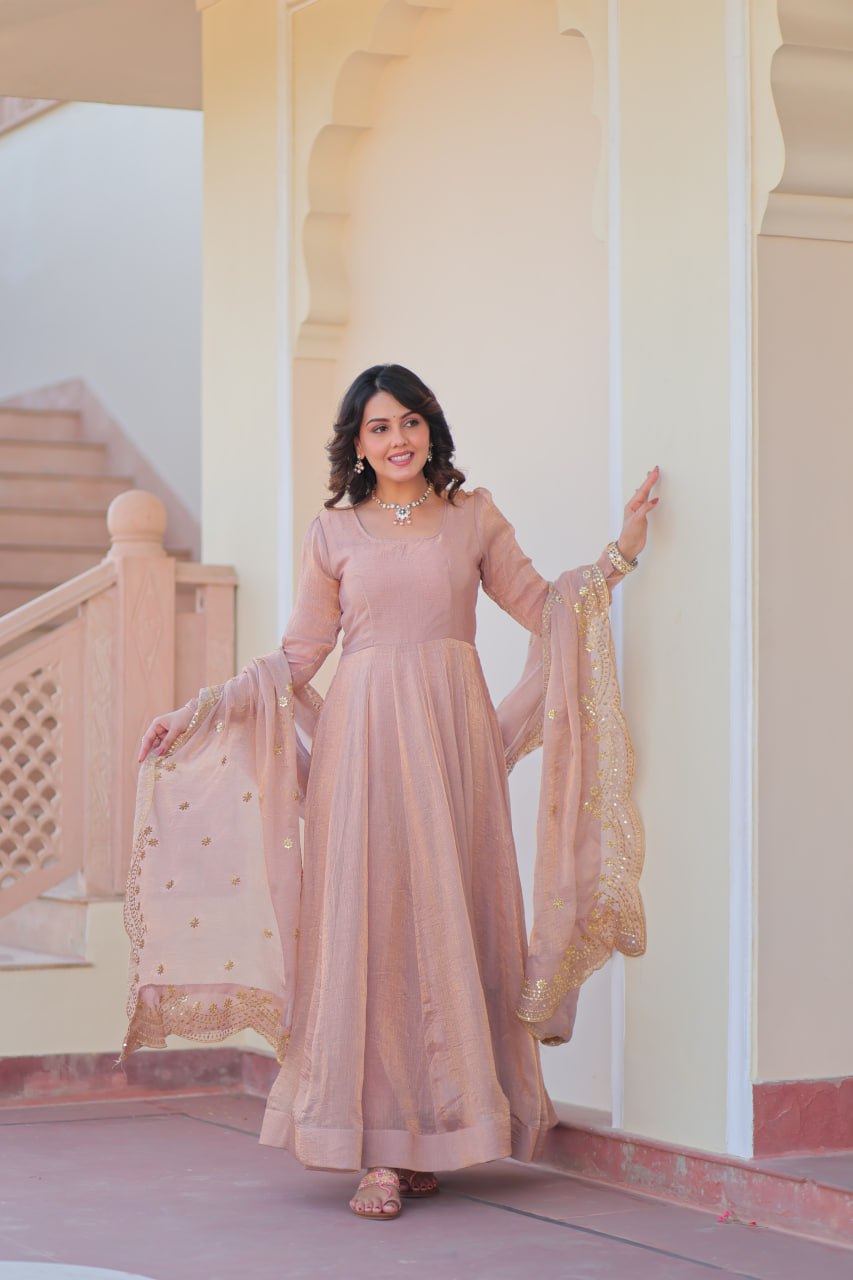 Peach Fendy Chiffon With Sequence Embroidery Dupatta For Women