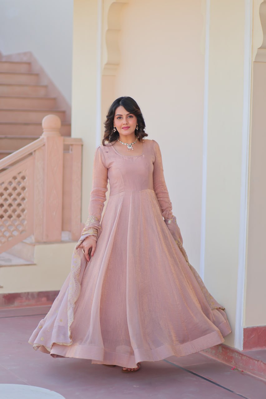 Peach Fendy Chiffon With Sequence Embroidery Dupatta For Women