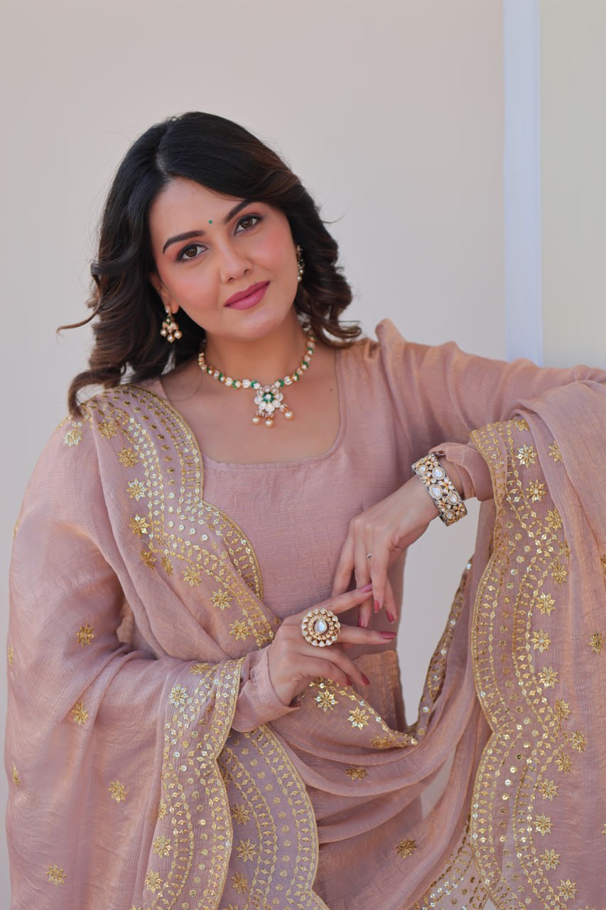 Peach Fendy Chiffon With Sequence Embroidery Dupatta For Women