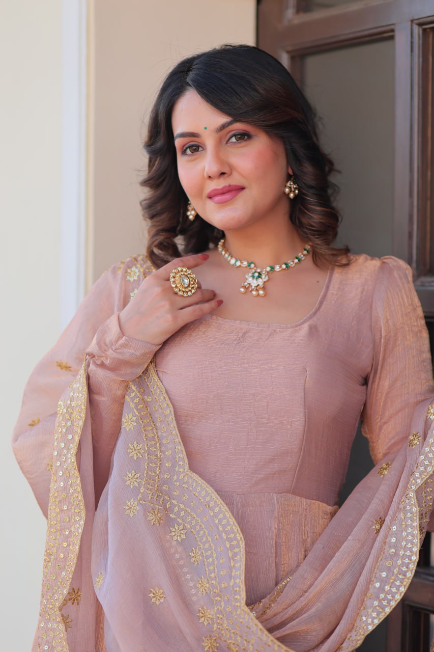 Peach Fendy Chiffon With Sequence Embroidery Dupatta For Women