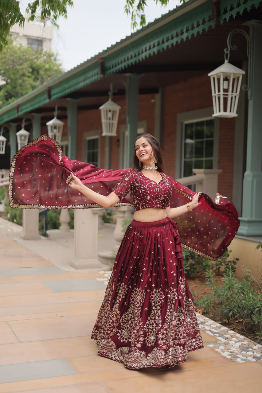 Maroon Embroidered Lehenga Choli With Dupatta – Bridesmaid & Festive Collection