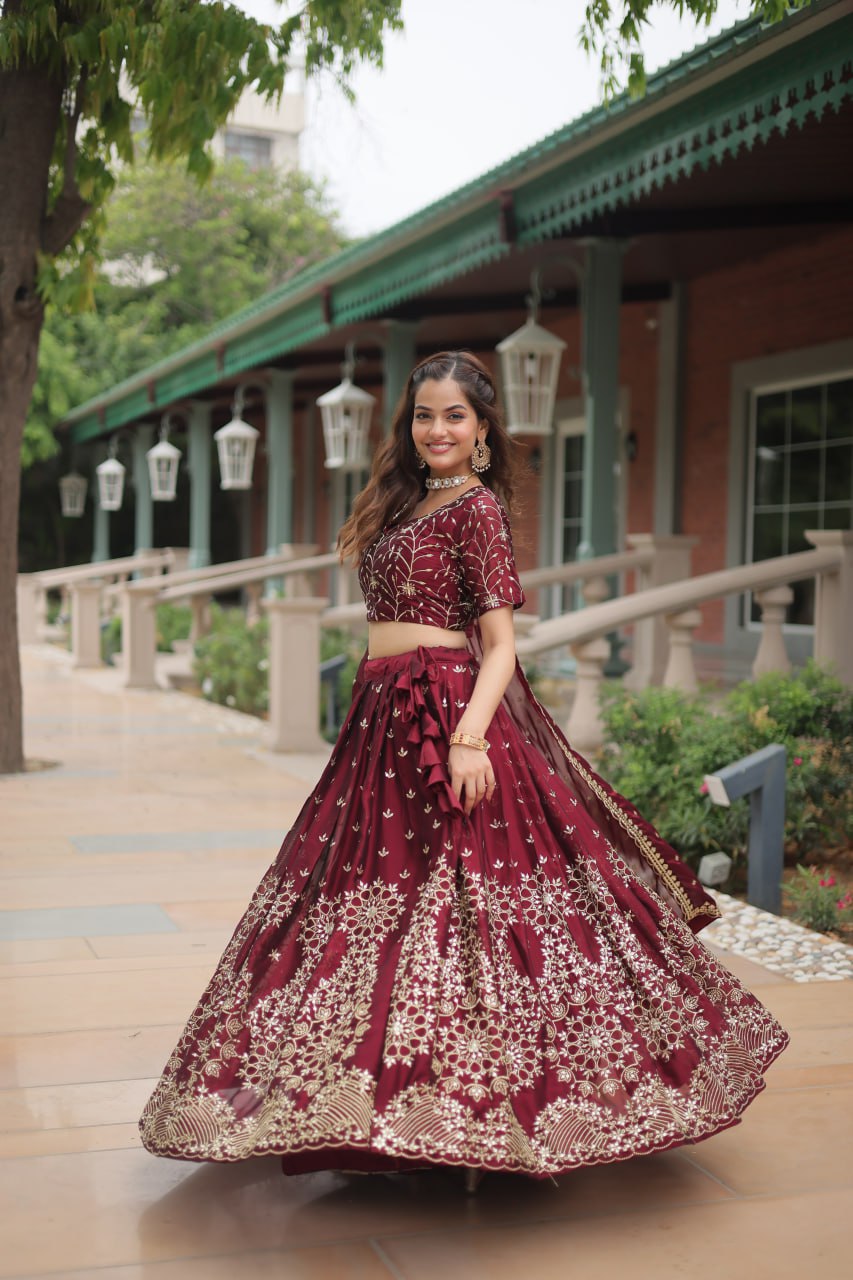 Maroon Embroidered Lehenga Choli With Dupatta – Bridesmaid & Festive Collection