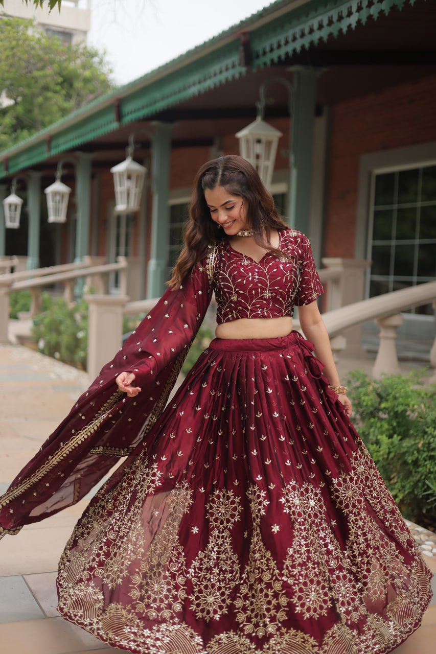 Maroon Embroidered Lehenga Choli With Dupatta – Bridesmaid & Festive Collection