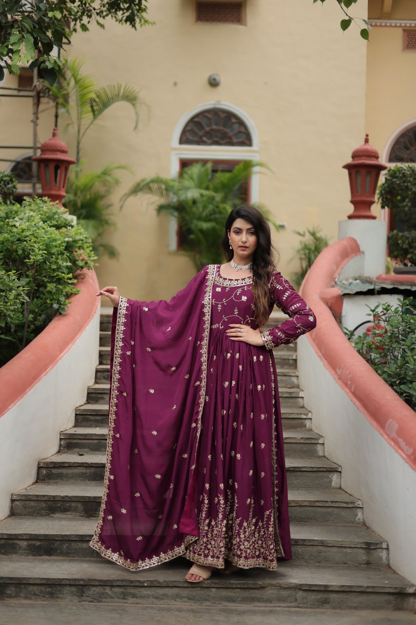 Rich Sequins Embroidered Work Women Suit Set Wine