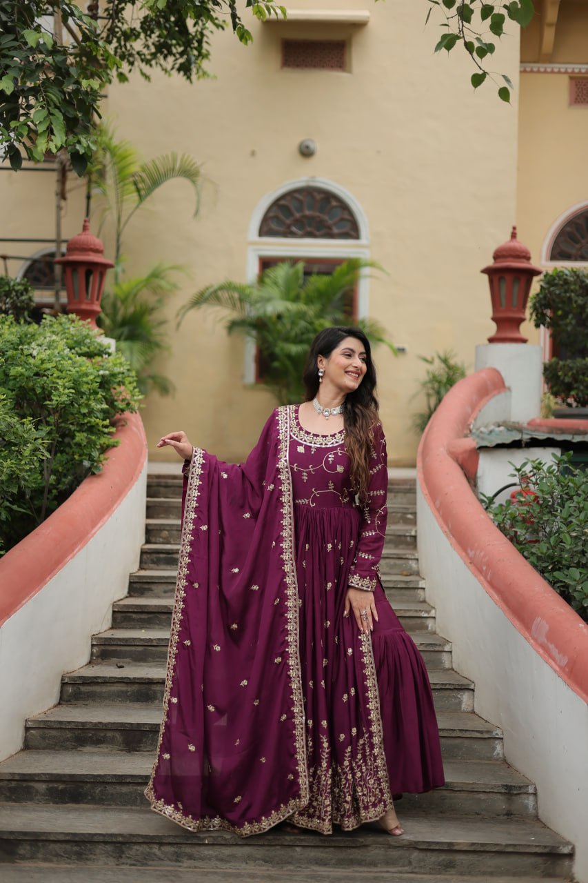 Rich Sequins Embroidered Work Women Suit Set Wine