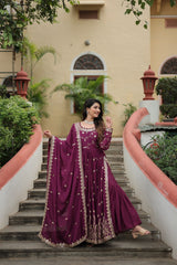 Rich Sequins Embroidered Work Women Suit Set Wine