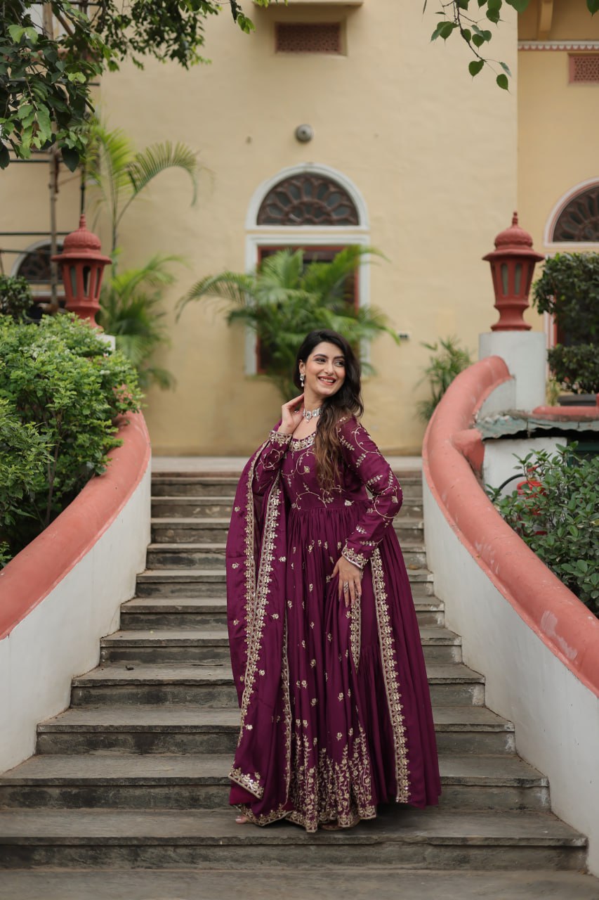 Rich Sequins Embroidered Work Women Suit Set Wine