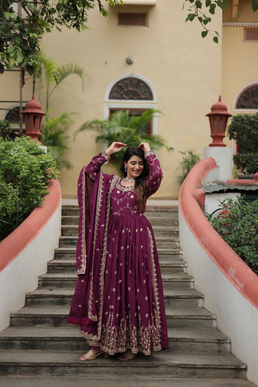Rich Sequins Embroidered Work Women Suit Set Wine