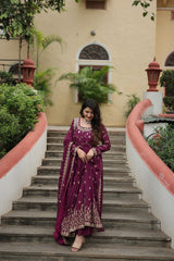 Rich Sequins Embroidered Work Women Suit Set Wine