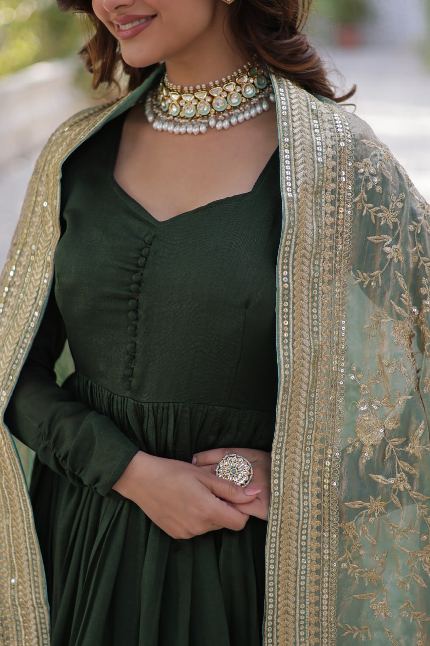 Designer Green Gown In Vichitra Silk With Sequence Embroidery Indian Dress