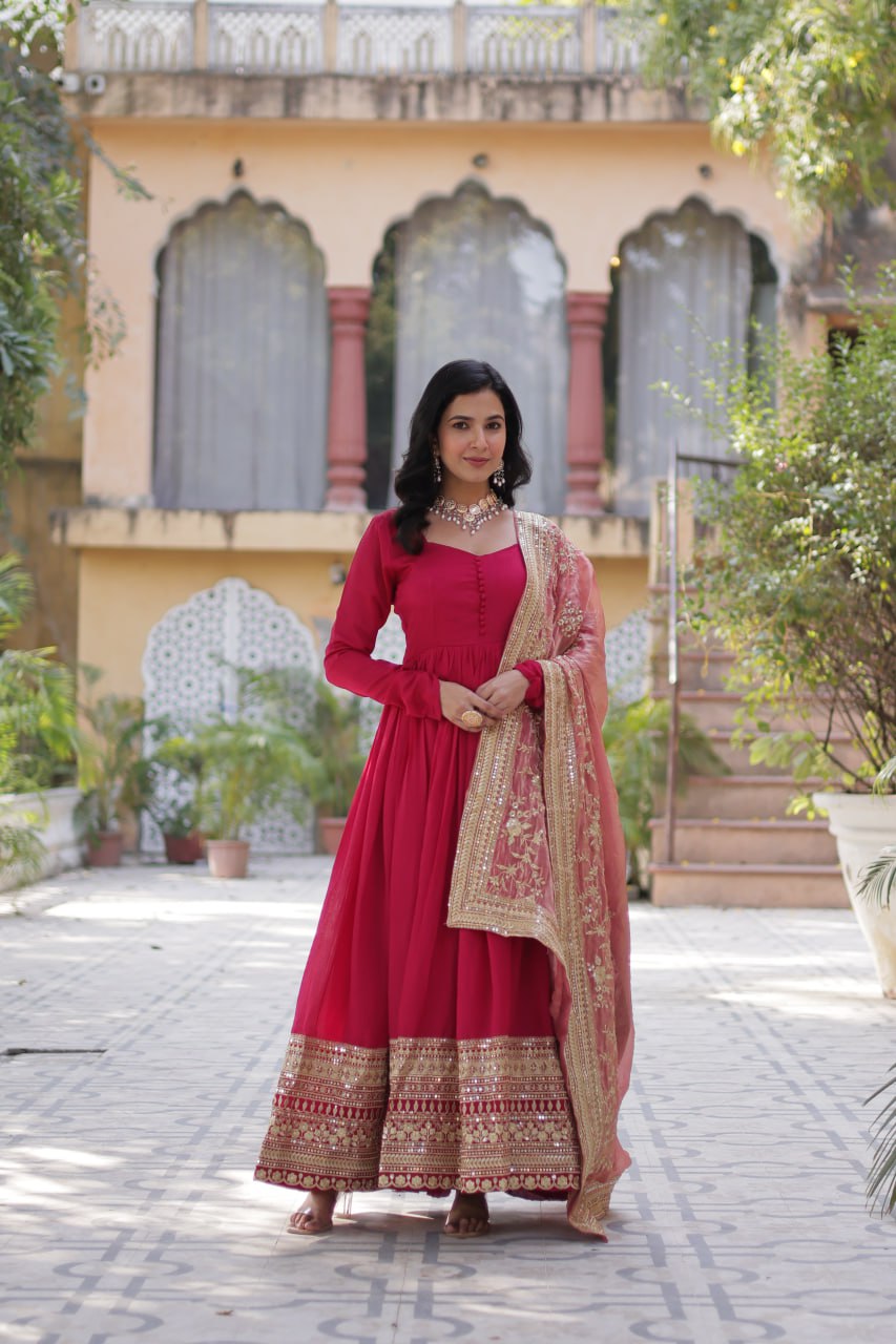 Designer Green Gown In Vichitra Silk With Sequence Embroidery Indian Dress