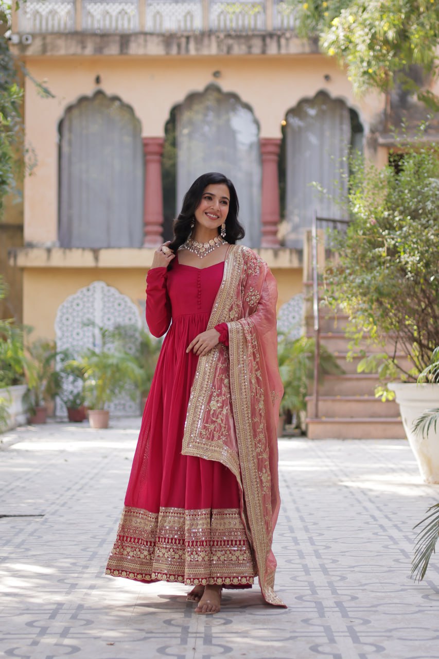 Designer Green Gown In Vichitra Silk With Sequence Embroidery Indian Dress