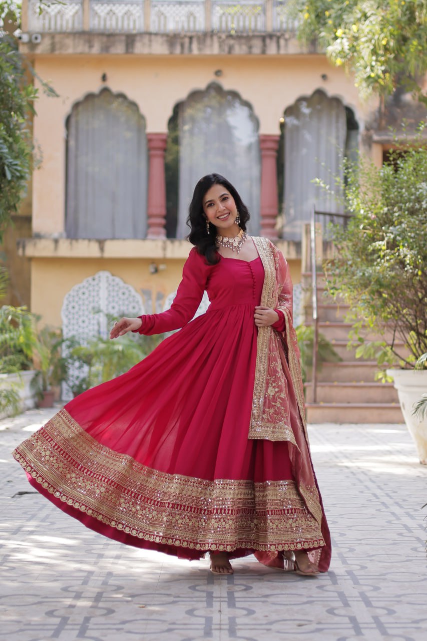 Designer Green Gown In Vichitra Silk With Sequence Embroidery Indian Dress