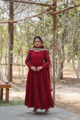 Alluring Maroon Georgette Wedding Wear Gown With Dupatta