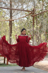 Alluring Maroon Georgette Wedding Wear Gown With Dupatta